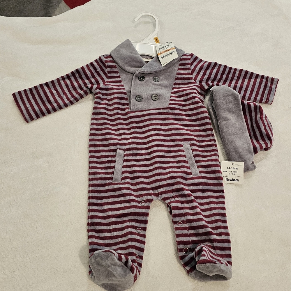 First Impressions Coveralls 2-Piece Red Wine & Gray Stripe Size Newborn